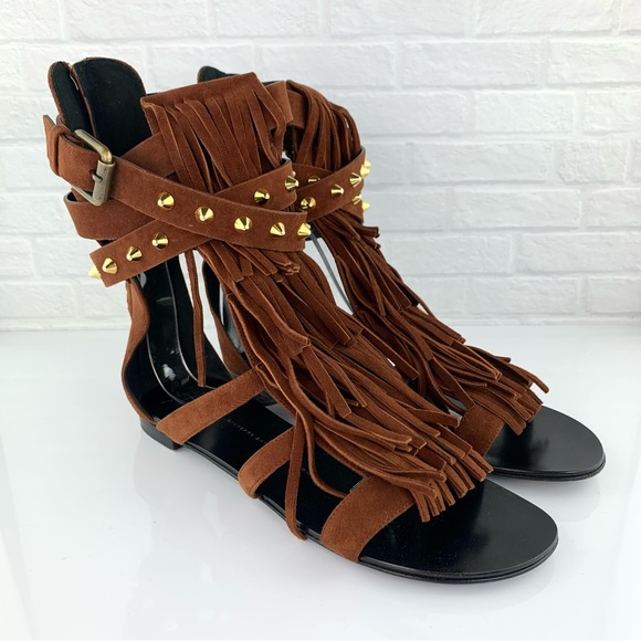 Giuseppe Zanotti Suede Studded Gladiator Sandals Brown Size 39 - Picture 6 of 16